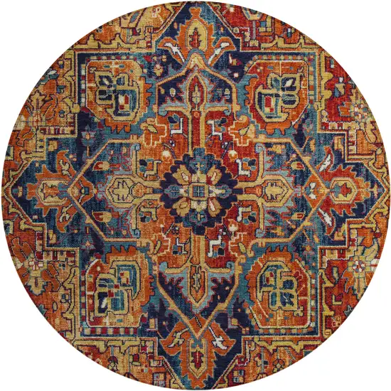 8' Round Red Orange and Blue Round Oriental Washable Non Skid Indoor Outdoor Area Rug Photo 2