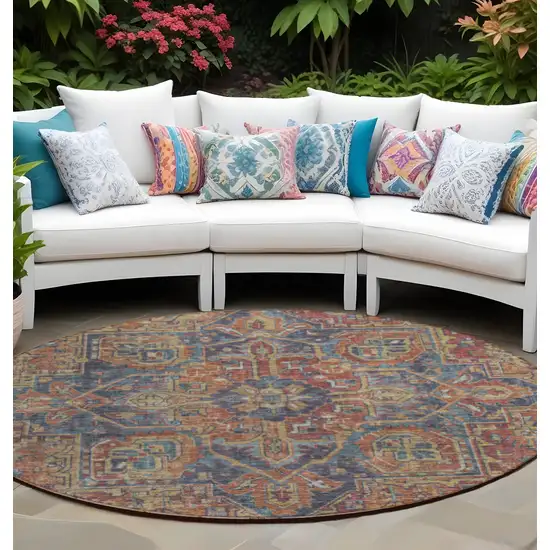 8' Round Red Orange and Blue Round Oriental Washable Non Skid Indoor Outdoor Area Rug Photo 1