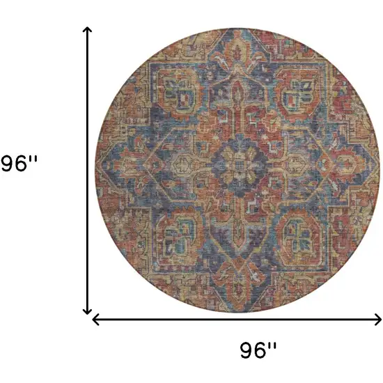 8' Round Red Orange and Blue Round Oriental Washable Non Skid Indoor Outdoor Area Rug Photo 3