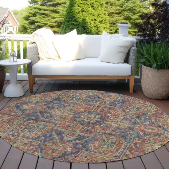 8' Round Red Orange and Blue Round Oriental Washable Non Skid Indoor Outdoor Area Rug Photo 9