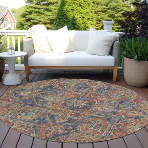 Photo of 8' Round Red Orange and Blue Round Oriental Washable Non Skid Indoor Outdoor Area Rug