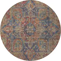 Photo of 8' Round Red Orange and Blue Round Oriental Washable Non Skid Indoor Outdoor Area Rug