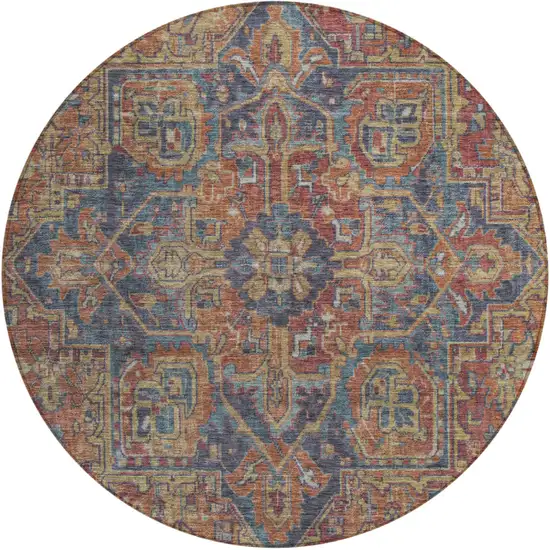 8' Round Red Orange and Blue Round Oriental Washable Non Skid Indoor Outdoor Area Rug Photo 2