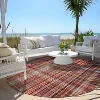 Photo of 8' Round Red Round Plaid Washable Non Skid Indoor Outdoor Area Rug