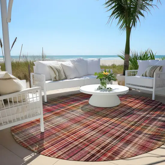 8' Round Red Round Plaid Washable Non Skid Indoor Outdoor Area Rug Photo 8