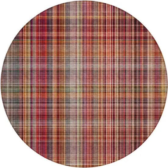 8' Round Red Round Plaid Washable Non Skid Indoor Outdoor Area Rug Photo 2