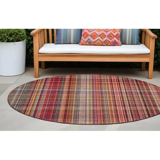 8' Round Red Round Plaid Washable Non Skid Indoor Outdoor Area Rug Photo 1