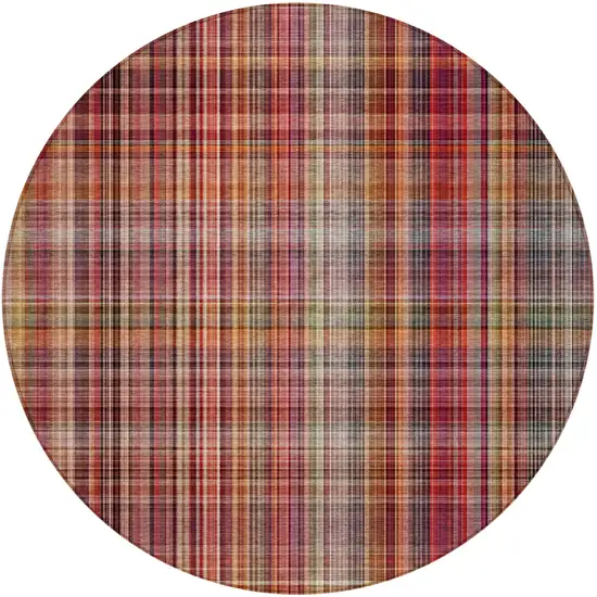 8' Round Red Round Plaid Washable Non Skid Indoor Outdoor Area Rug Photo 4