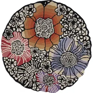 Photo of 4' Round Red and Black Floral Area Rug