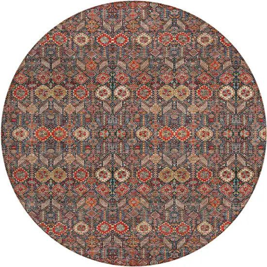 8' Round Red and Dark Blue Round Floral Washable Non Skid Indoor Outdoor Area Rug Photo 2