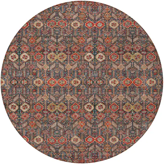 8' Round Red and Dark Blue Round Floral Washable Non Skid Indoor Outdoor Area Rug Photo 4