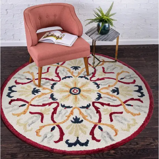 4' Round Red and Ivory Floral Filigree Area Rug Photo 8