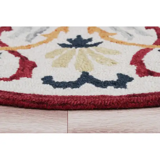 4' Round Red and Ivory Floral Filigree Area Rug Photo 4