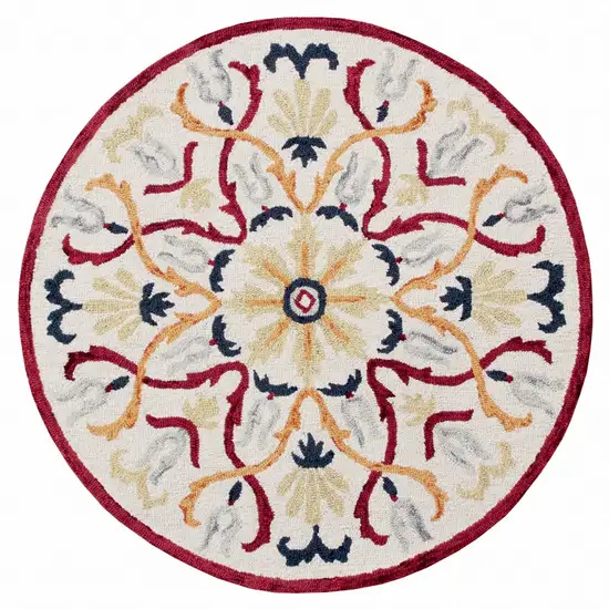 4' Round Red and Ivory Floral Filigree Area Rug Photo 1