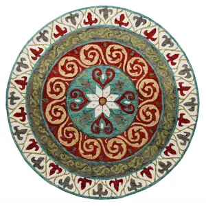 Photo of 5' Round Red and Sage Medallion Area Rug