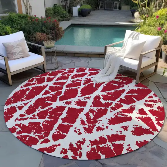 Red and White Round Abstract Washable Non Skid Indoor Outdoor Area Rug Photo 8