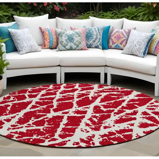 Red and White Round Abstract Washable Non Skid Indoor Outdoor Area Rug Photo 1