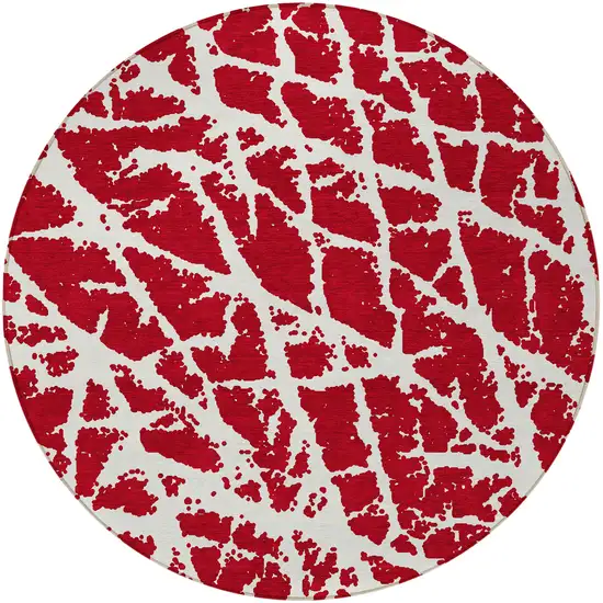 8' Round Red and White Round Abstract Washable Non Skid Indoor Outdoor Area Rug Photo 4