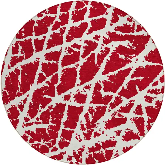 8' Round Red and White Round Abstract Washable Non Skid Indoor Outdoor Area Rug Photo 2