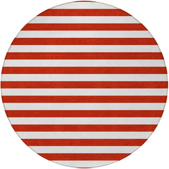 8' Round Red and White Round Striped Washable Non Skid Indoor Outdoor Area Rug Photo 5