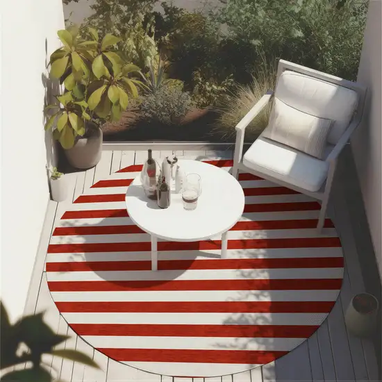 8' Round Red and White Round Striped Washable Non Skid Indoor Outdoor Area Rug Photo 8