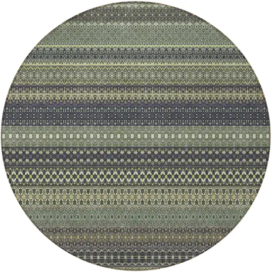 8' Round Sage Round Striped Washable Non Skid Indoor Outdoor Area Rug Photo 4