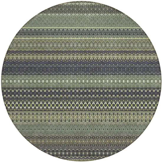 8' Round Sage Round Striped Washable Non Skid Indoor Outdoor Area Rug Photo 2