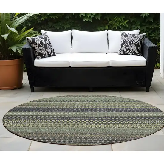 8' Round Sage Round Striped Washable Non Skid Indoor Outdoor Area Rug Photo 1