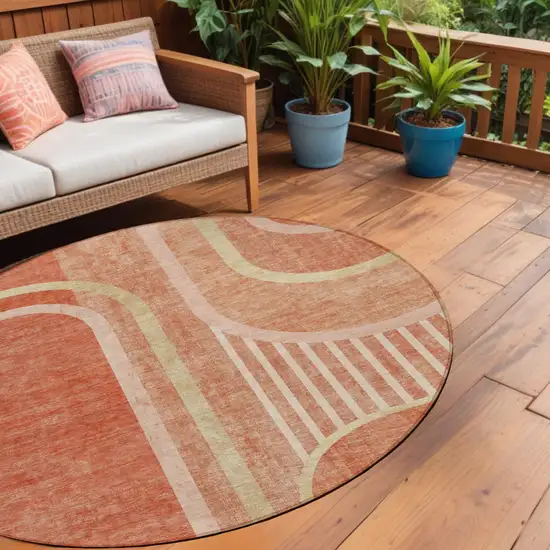 Salmon Round Abstract Washable Indoor Outdoor Area Rug Photo 1