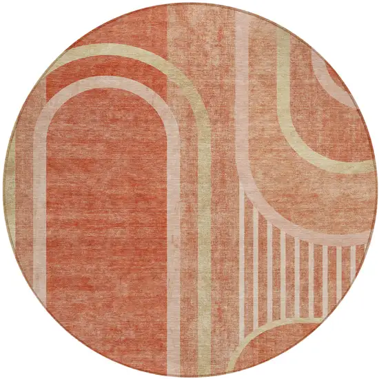 Salmon Round Abstract Washable Indoor Outdoor Area Rug Photo 2