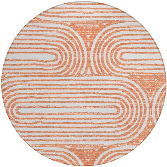 Orange and Ivory Round Abstract Washable Non Skid Indoor Outdoor Area Rug Photo 2