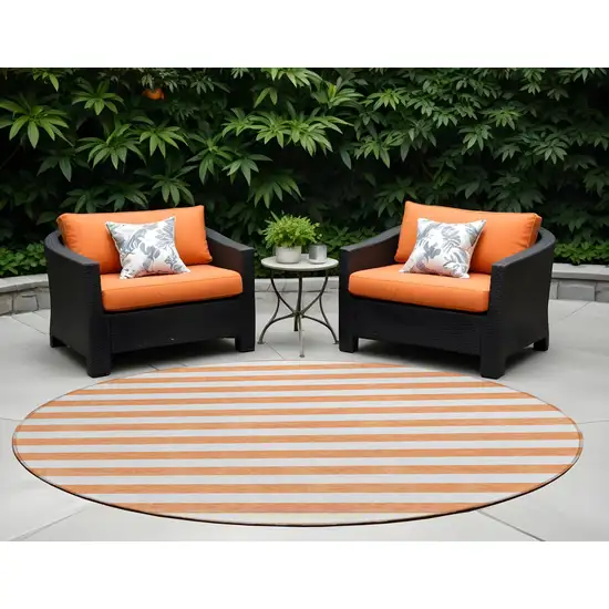 8' Round Salmon Round Striped Washable Non Skid Indoor Outdoor Area Rug Photo 1