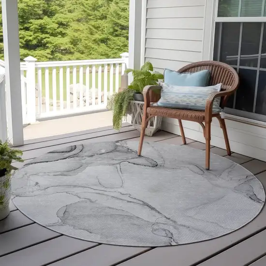 8' Round Silver Round Abstract Washable Non Skid Indoor Outdoor Area Rug Photo 8