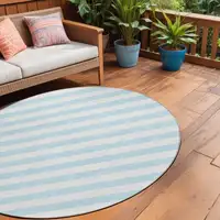 Photo of 8' Round Sky Blue Round Striped Washable Non Skid Indoor Outdoor Area Rug