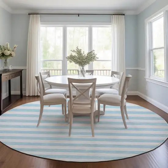 8' Round Sky Blue Round Striped Washable Non Skid Indoor Outdoor Area Rug Photo 9