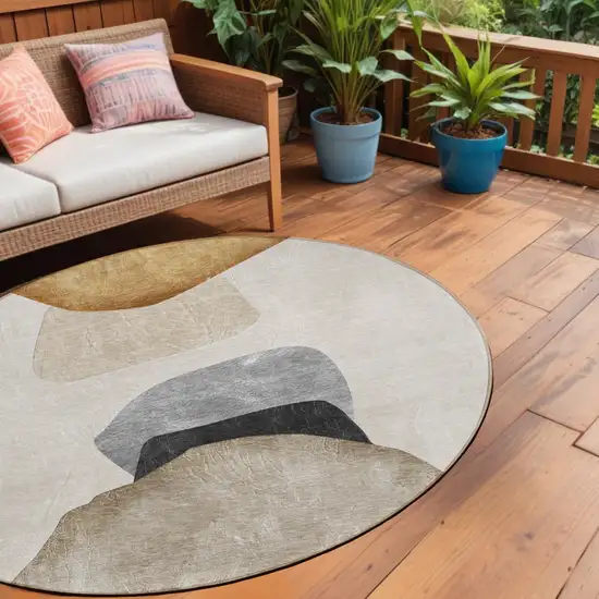 Tan Brown and Gray Round Abstract Washable Non Skid Indoor Outdoor Area Rug Photo 1