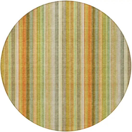 8' Round Tan Orange and Green Round Striped Washable Non Skid Indoor Outdoor Area Rug Photo 5