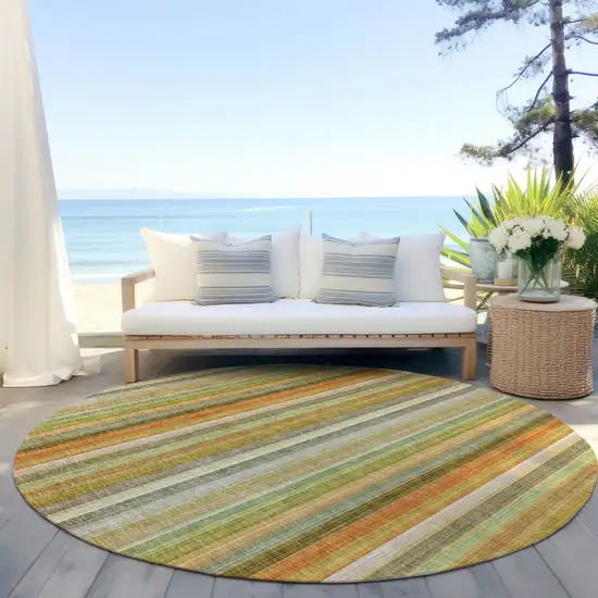 8' Round Tan Orange and Green Round Striped Washable Non Skid Indoor Outdoor Area Rug Photo 8