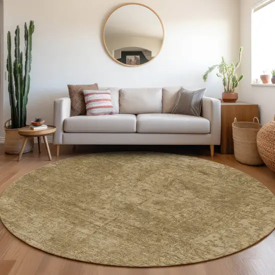 Tan Round Abstract Washable Non Skid Indoor Outdoor Area Rug Photo 9