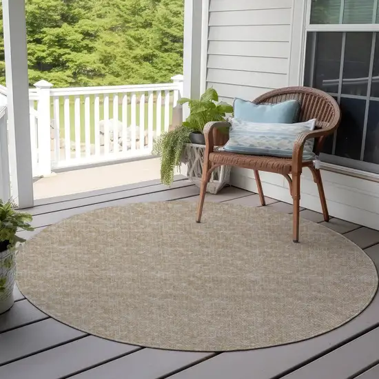 8' Round Tan Round Geometric Washable Non Skid Indoor Outdoor Area Rug Photo 8