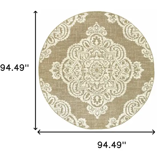 8' Round Tan Round Oriental Stain Resistant Indoor Outdoor Area Rug Photo 5