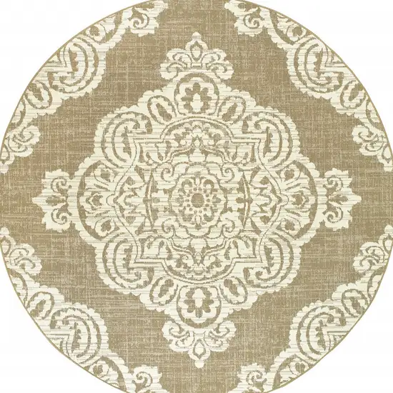 8' Round Tan Round Oriental Stain Resistant Indoor Outdoor Area Rug Photo 4