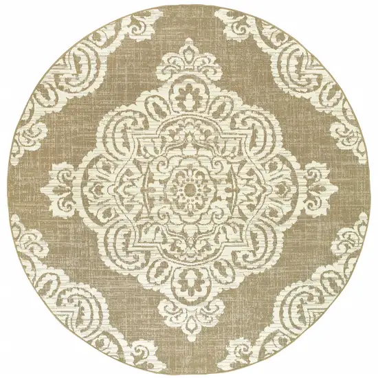 8' Round Tan Round Oriental Stain Resistant Indoor Outdoor Area Rug Photo 1