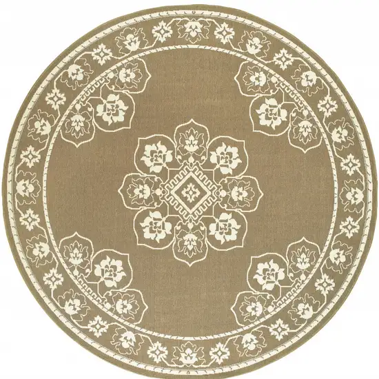 8' Round Tan Round Oriental Stain Resistant Indoor Outdoor Area Rug Photo 4