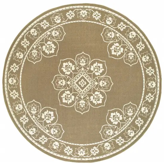 8' Round Tan Round Oriental Stain Resistant Indoor Outdoor Area Rug Photo 1