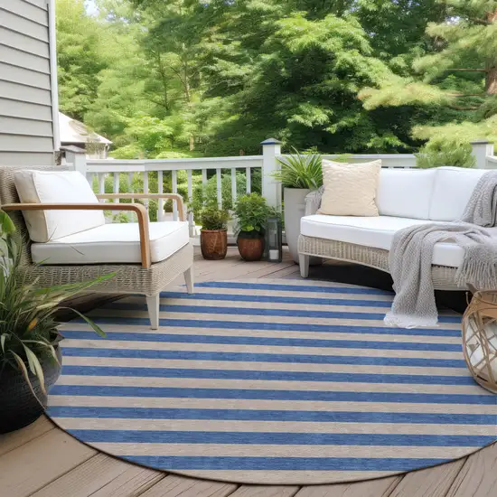 Tan Round Striped Washable Non Skid Indoor Outdoor Area Rug Photo 8