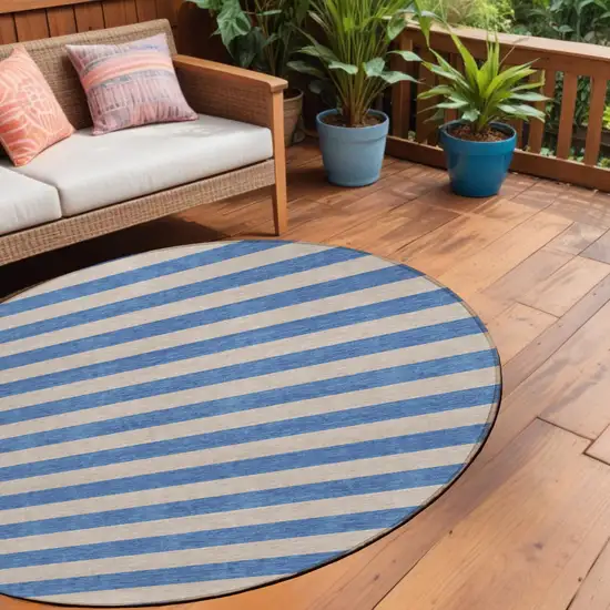 Tan Round Striped Washable Non Skid Indoor Outdoor Area Rug Photo 1