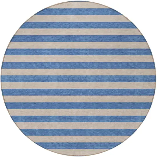 8' Round Tan Round Striped Washable Non Skid Indoor Outdoor Area Rug Photo 4