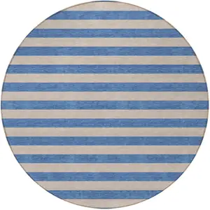 Photo of 8' Round Tan Round Striped Washable Non Skid Indoor Outdoor Area Rug