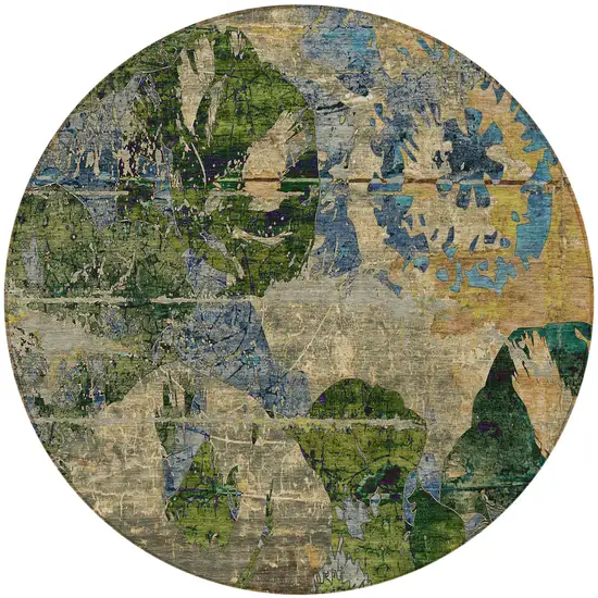 8' Round Taupe Blue and Green Round Floral Washable Non Skid Indoor Outdoor Area Rug Photo 4